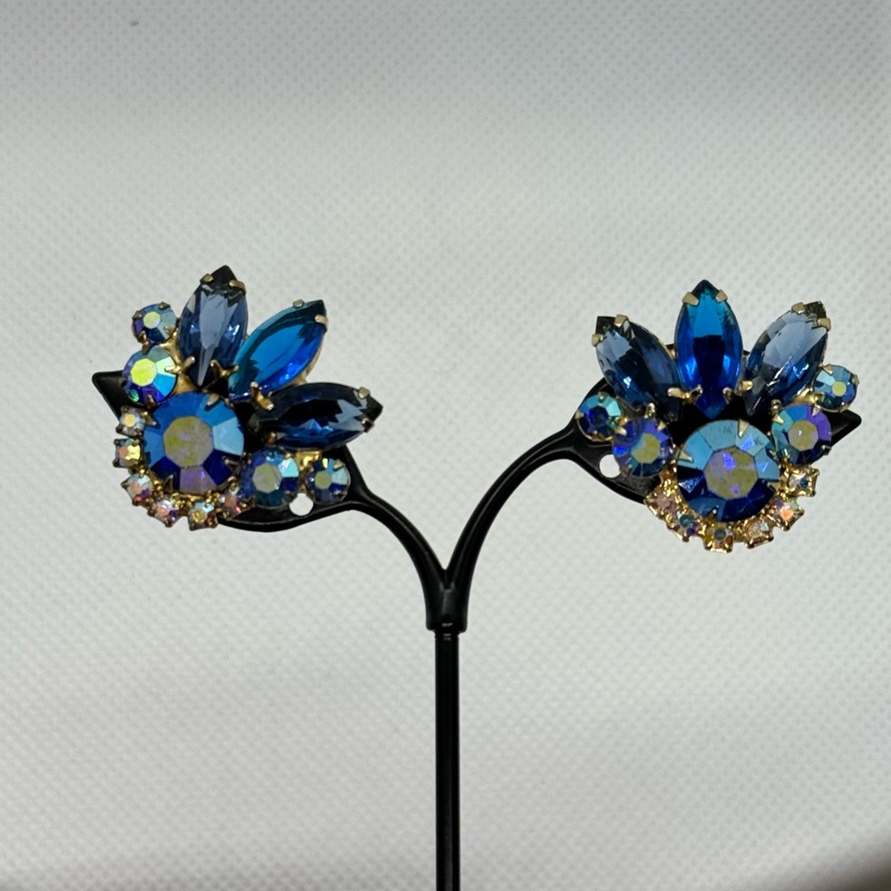 Vintage Juliana Shades of Blue AB Rhinestone Clip Earrings